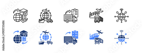 Trade infrastructure icon set with global commerce, logistics systems, transportation networks, economic connectivity, and trade development.