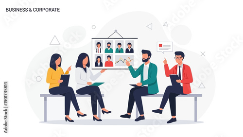 Diverse team meeting, discussing candidates on screen, business concept