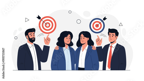 Teamwork business goals illustration, people with targets, strategy, success