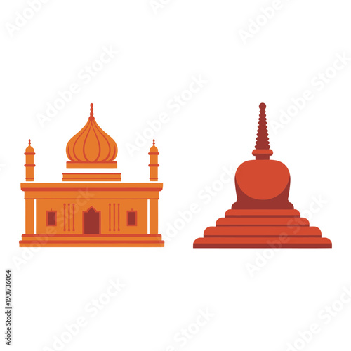 Asian temple and stupa vector collection with domes and spires, vesak celebration poster, pilgrimage festival design, cultural architecture graphics