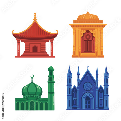 Religious buildings vector collection with pagoda, mosque dome, gothic cathedral, mandir pavilion, cultural festival poster, spiritual tourism promotion graphic