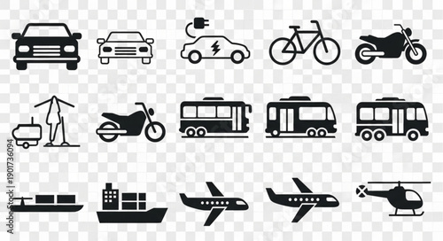 Collection of diverse transportation vehicle icons on a transparent background.