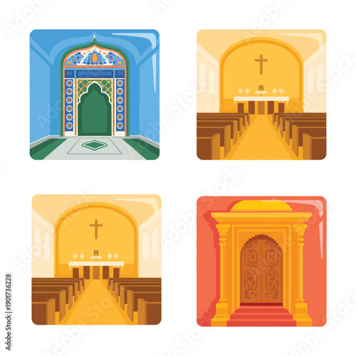 Sacred interior and entrance vector set with altar, nave stairs, ornate wooden door, arched gateway, pilgrimage event poster, heritage design