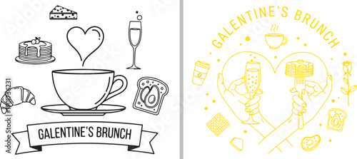 Two minimalist vector illustrations for a "Galentine's Brunch." Featuring breakfast staples like coffee, pancakes, and avocado toast in black line art and a sunny yellow hand-held toast design.