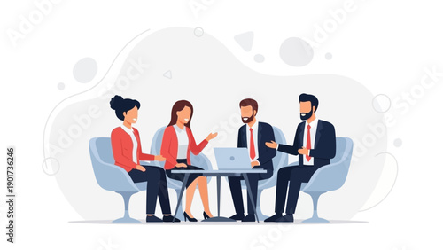 Business meeting, team collaboration, discussion around laptop