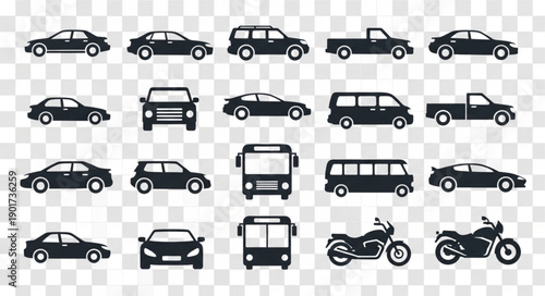 Collection of Diverse Vehicle Silhouettes on Transparent Background.