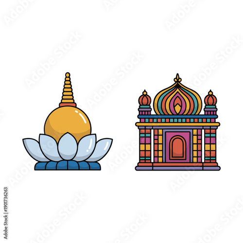 Stupa on lotus and colorful temple dome vector set for pilgrimage festival, vesak celebration poster, spiritual tourism, cultural heritage design