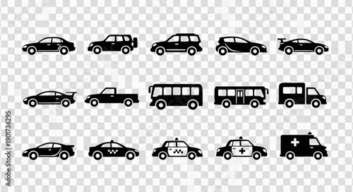 Collection of diverse vehicle silhouettes on transparent background.