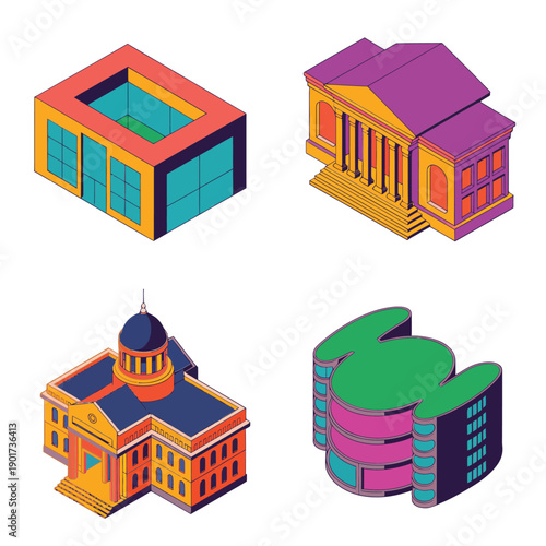 Cultural district icons, museum gallery, capitol dome, modern arena, exhibition opening poster, arts festival branding, guided tour session vector