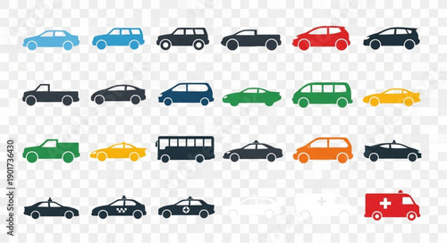 Collection of diverse vehicles on transparent background.