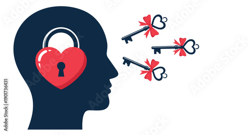 Silhouette of a human head featuring a padlock heart inside, with heart-shaped keys flying towards it, symbolizing unlocking potential or love.