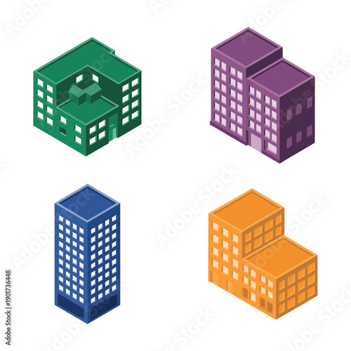 City skyline building pack, mixed office and apartment blocks, architecture conference artwork, construction expo booth, leasing session vector design