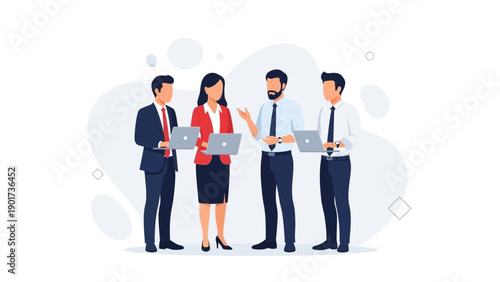 Diverse business team collaborating with laptops, planning strategy, modern office concept