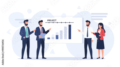 Business team presenting project progress report with bar chart on whiteboard