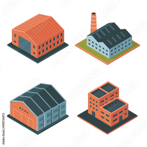 Industrial warehouse icons, logistics depot, fabrication plant, factory workshop buildings, manufacturing expo poster, operations tour session vector illustration design