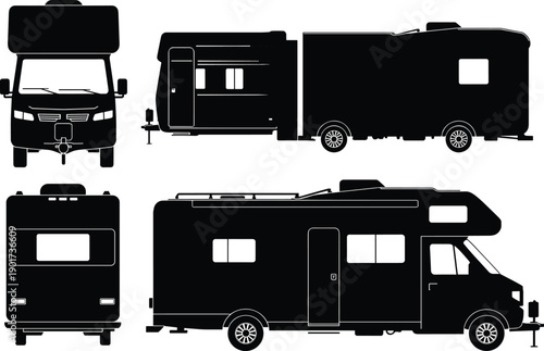 Motorhome camper and caravan silhouette vector set showing front side rear and top views isolated for camping travel design