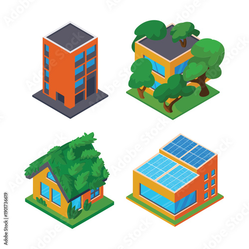Smart city eco homes, compact apartments with trees, solar panel roof house, sustainability summit poster, urban greening session vector