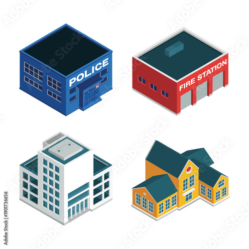 Essential civic buildings vector pack with police station, fire department, office tower, isometric city assets for maps and infographics