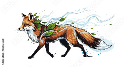 Artistic Fox Illustration with Nature Elements.
