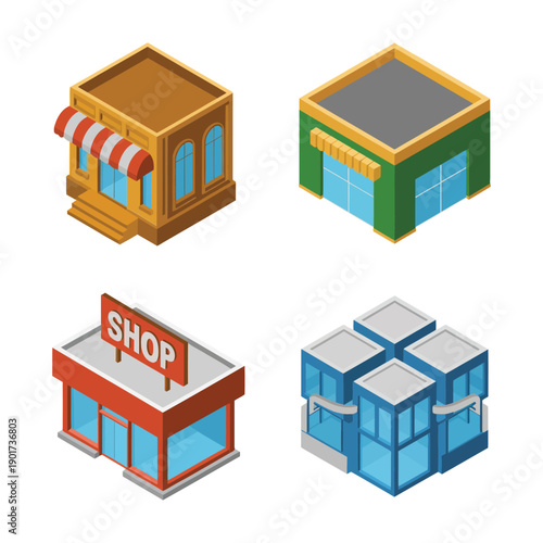 Small retail storefront icons set with awnings, kiosk cube, corner shop, modular building blocks for marketplace map, signage, branding design