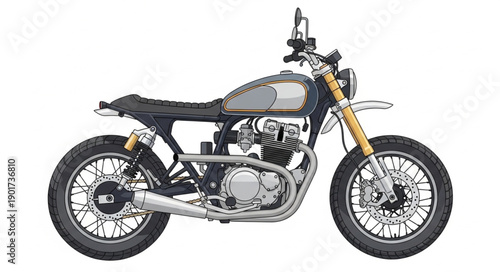 Classic Scrambler Motorcycle Side View Isolated.
