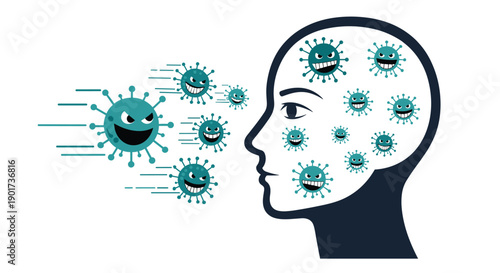 Silhouette of a human head being attacked by a relentless swarm of angry virus particles, symbolizing overwhelming virus infection or mental attack.