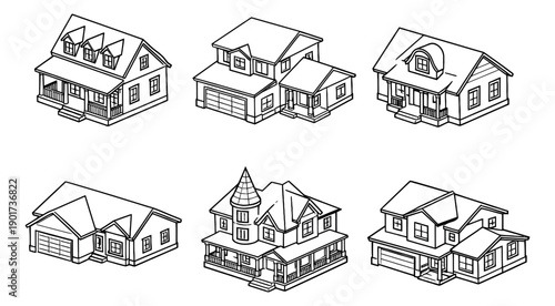 Hand drawn line art house set featuring different residential buildings for real estate design