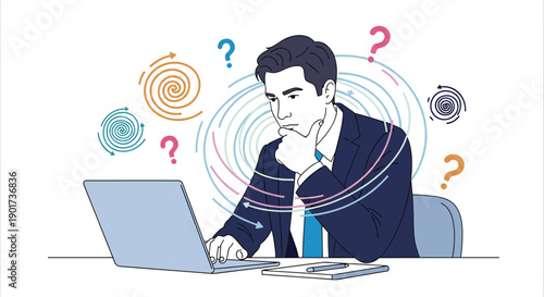 Businessman with a laptop looking deeply thoughtful and visibly confused, with question marks and swirling lines, symbolizing problem-solving challenges.