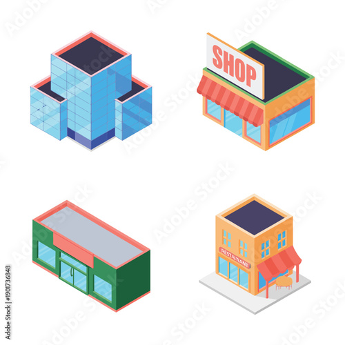 Modular small shops and kiosk buildings, compact retail units for streetscape map, pop up market design, isometric urban storefront collection