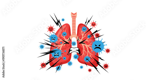 Cartoon illustration of human lungs with angry, crying faces, surrounded by aggressive virus particles and lightning bolts, symbolizing severe lung infection.
