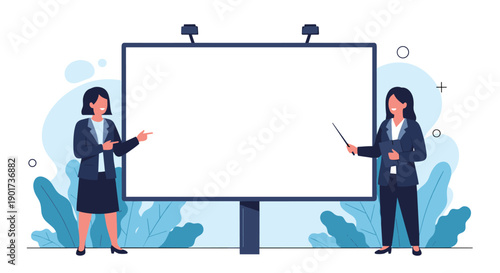 Two professional businesswomen confidently standing beside a large blank billboard, actively pointing and presenting, ideal for advertising and marketing concepts.