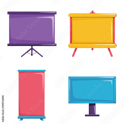 Presentation screens and retractable banners set for conference stage design, keynote backdrop planning workshop, audiovisual setup session materials and resources