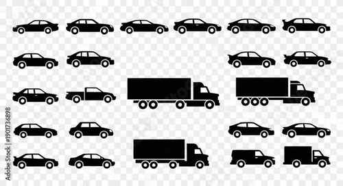Collection of Black Car and Truck Silhouettes on Transparent Background.