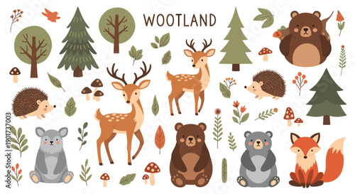 Cute woodland animals set featuring deer, bears, hedgehogs, wolves, and foxes among trees and mushrooms, perfect for forest-themed designs.