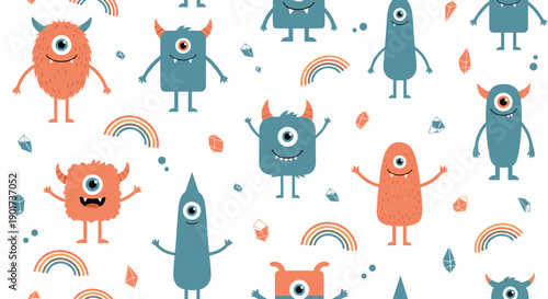 Playful seamless pattern featuring a variety of cute one-eyed cartoon monsters in vibrant colors, along with rainbows and crystals.