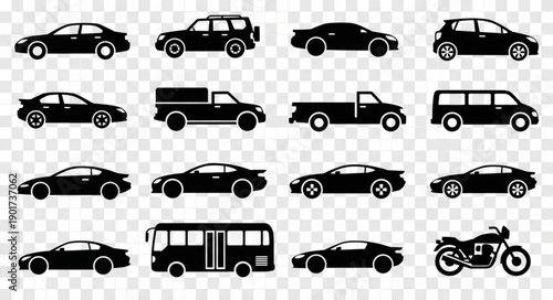 Collection of Black Car Silhouettes and Motorcycle.