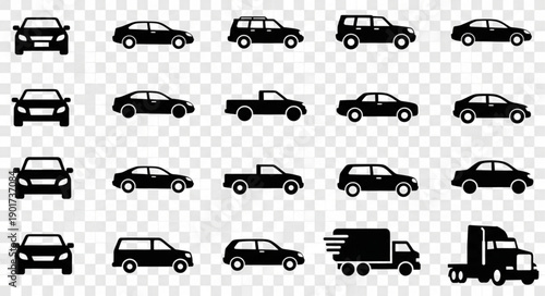 Collection of Black Car Icons and Silhouettes.