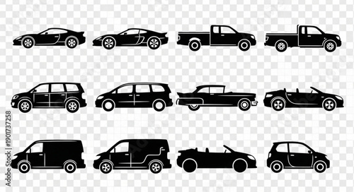 Collection of Black Car Silhouettes on Transparent Background.