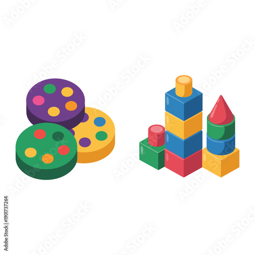 Sorting buttons and stacking blocks icons for Montessori night, fine motor skills workshop session, preschool learning lab event vector
