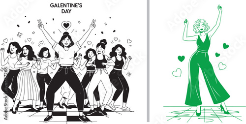 Two lively vector scenes of women dancing. One features a group of friends celebrating under confetti with a "Galentine’s Day" header, while the other shows a solo dancer in a green jumpsuit.
