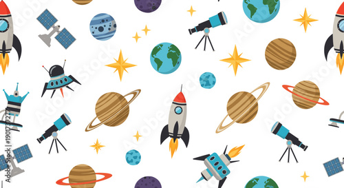 Vibrant seamless pattern showcasing colorful space elements such as planets, rockets, satellites, earth, and telescopes, for a cheerful design.