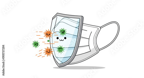 Medical mask combined with a protective shield effectively blocking angry virus particles, symbolizing strong defense and health protection.