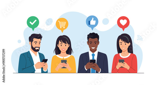 Diverse group of four people using smartphones, displaying various social media and e-commerce icons in thought bubbles, representing online interaction.