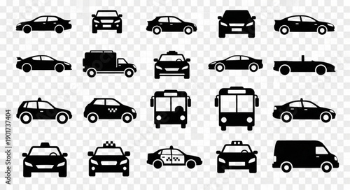 Collection of Black Vehicle Silhouettes on Transparent Background.