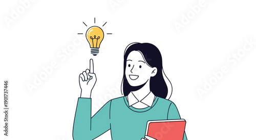 Happy young woman with a brilliant idea, pointing enthusiastically towards a glowing lightbulb above her head, holding a book or tablet.