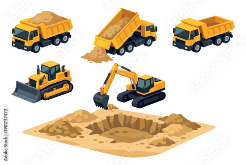 Isometric construction vehicles set featuring dump trucks, a bulldozer, and an excavator for building and earthmoving projects
