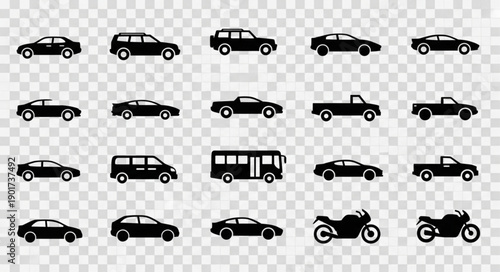 Collection of Black Vehicle Silhouettes on Transparent Background.