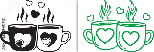 Two vector illustrations of steaming mugs with heart designs. The left features a black-and-white high-contrast style, while the right uses a vibrant green outline with floating heart accents.