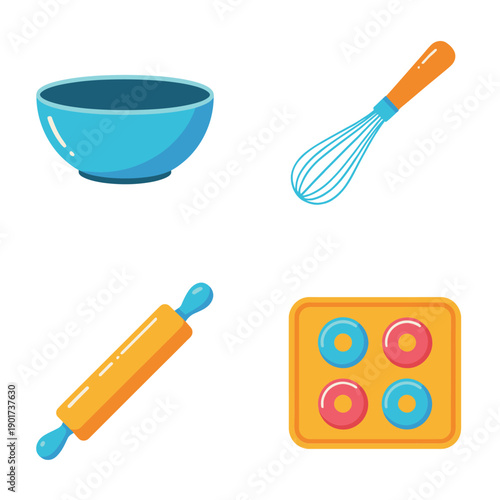 Cooking lesson icons, mixing bowl, wire whisk, rolling pin, mini donut mold, culinary camp schedule graphic, kitchen training poster vector