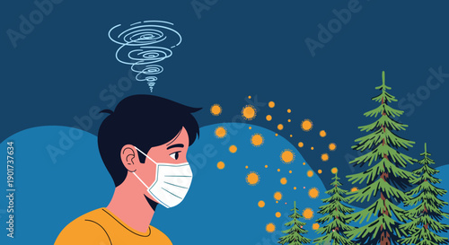 Person wearing a protective face mask in a forest environment, surrounded by swirling pollen particles, symbolizing allergies or air pollution.